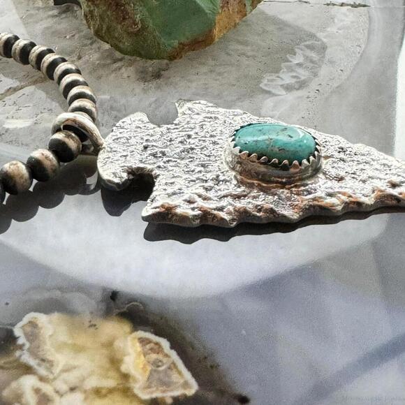 Gary Custer Navajo Sterling Silver Tufa Cast Turquoise Arrowhead Uni Pendant #2 - Picture 3 of 10